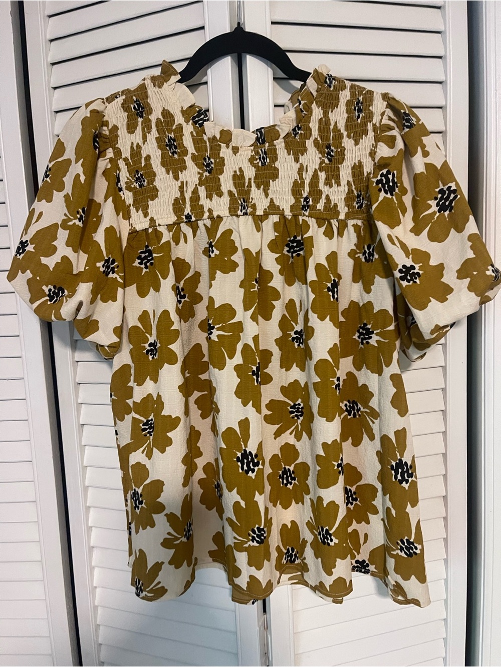 Smocked Square-Neck Floral Blouse - Mustard